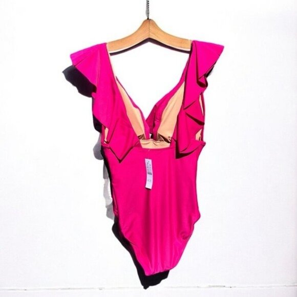 🌻NEW w.tag J. Crew Fuschia Ruched Ruffle One-Piece Swimsuit - Picture 4 of 12